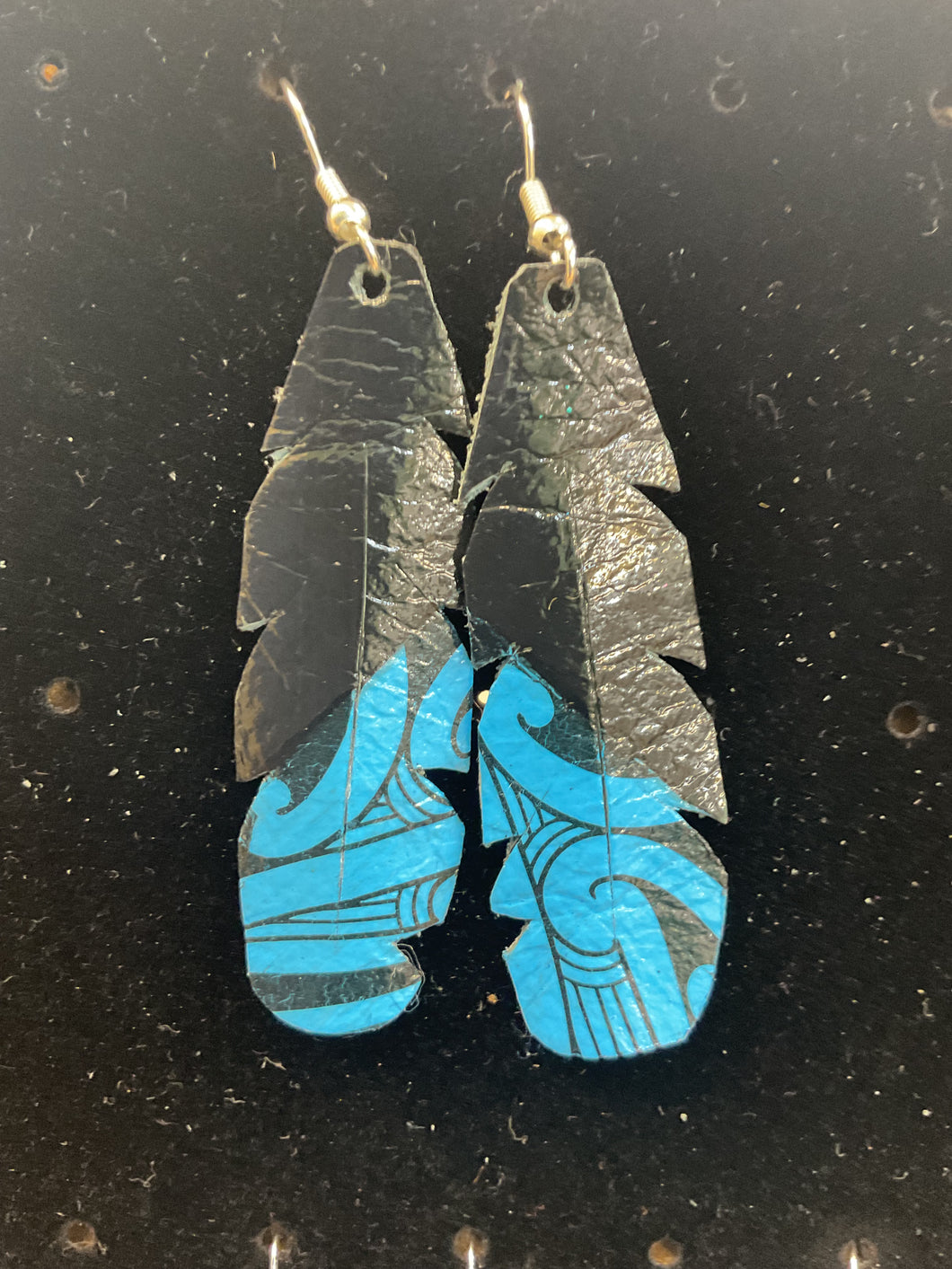 Upcycled Leather Earrings - Black Base with Maori Design