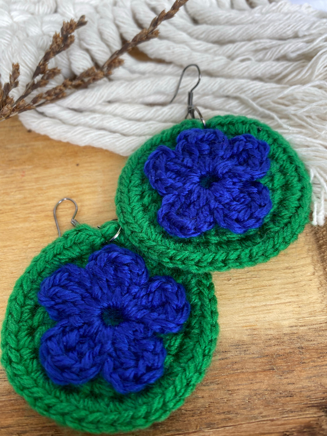 Green And Blue Putiputi -Crochet Earrings