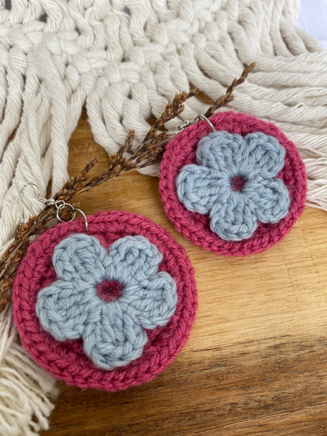 Pink And Light Blue Putiputi -Crochet Earrings