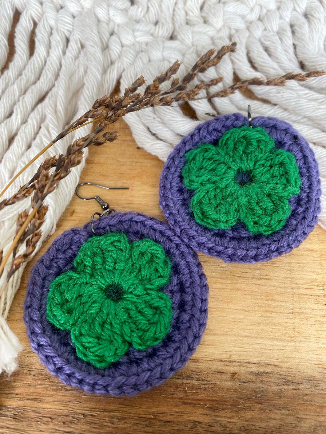 Purple And Green Putiputi -Crochet Earrings