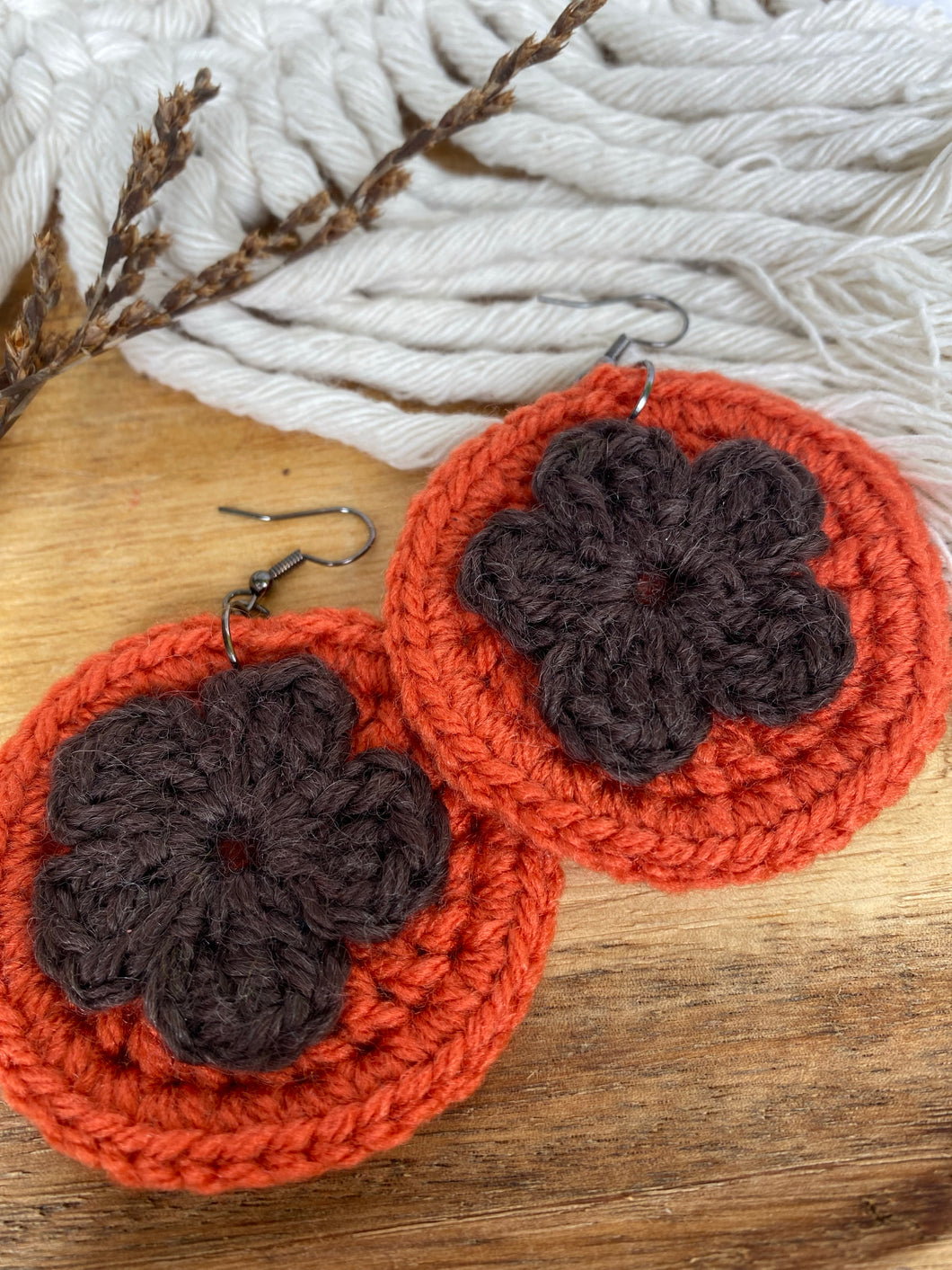 Orange And Brown Putiputi -Crochet Earrings
